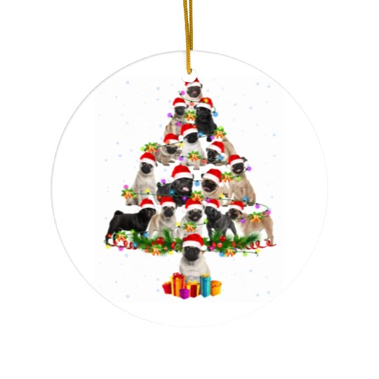 Pug Dog Tree In Snow Santa Ceramic Ornaments