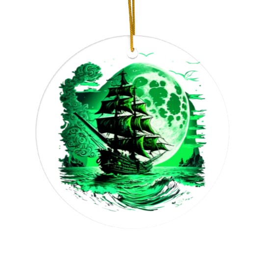 Historical Sailing Ship At Full Moon. Ceramic Ornaments