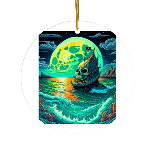 Pirate Ship With A Skull At Full Moon Ceramic Ornaments