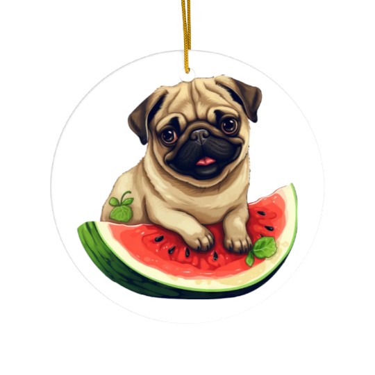 Pug with Melon, Funny Summer Design for Dog Lovers Ceramic Ornaments