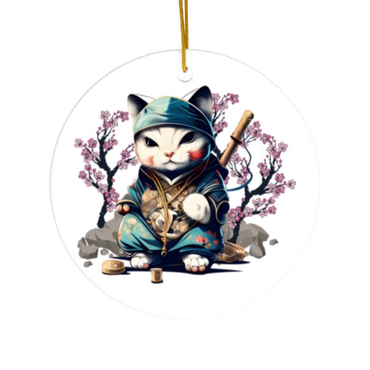 Samurai Cat Anime Kawaii Japanese Style Ceramic Ornaments