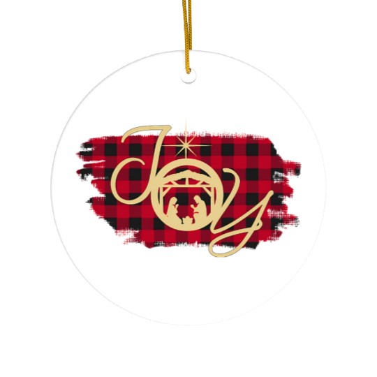 Joy In A Ger Nativity Jesus Birth Buffalo Plaid Ceramic Ornaments