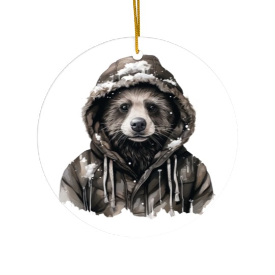 Cozy winter panda bear in coat with snow flakes Ceramic Ornaments