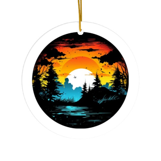 Riverside Twilight in the Forest Ceramic Ornaments
