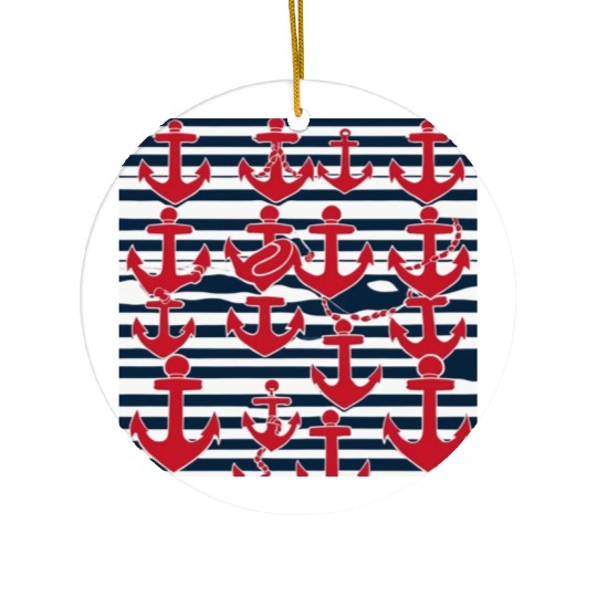 classic nautical horizontal white and navy blue Ceramic Ornaments