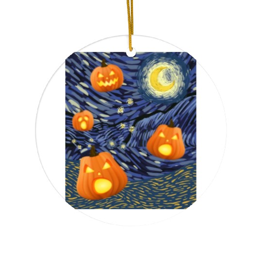 Starry Night with Pumpkins Funny Halloween Art Ceramic Ornaments