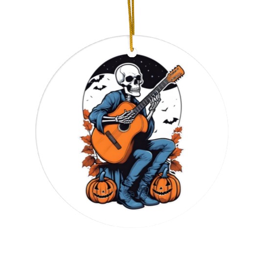 A skeleton playing guitar with halloween pumpkin Ceramic Ornaments