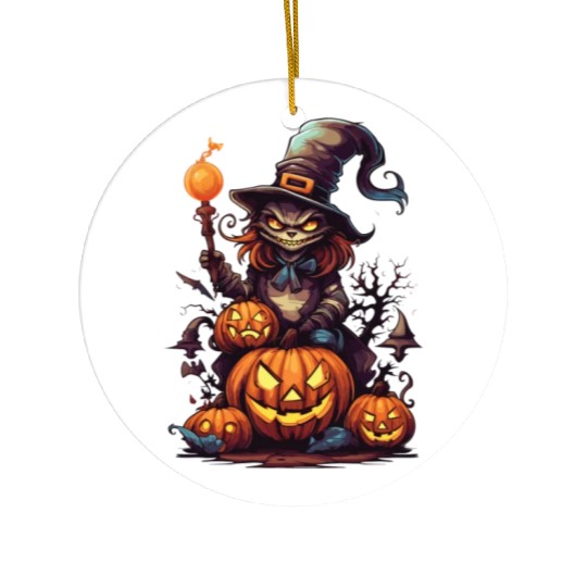 Enchanted Harvest: Witch's Delight amidst Pumpkins Ceramic Ornaments