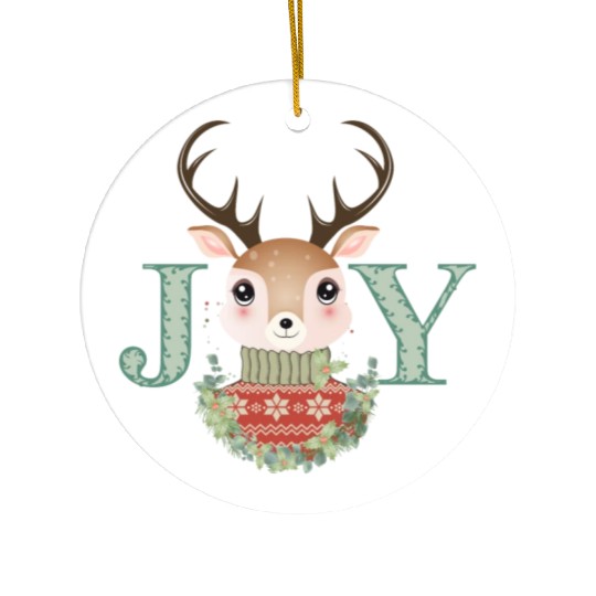 cute deer with sweater and Christmas wreath Ceramic Ornaments