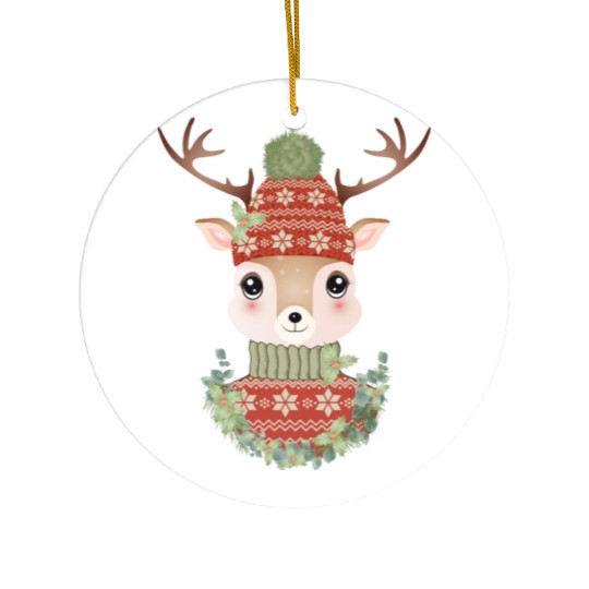 cute deer with sweater and Christmas wreath Ceramic Ornaments