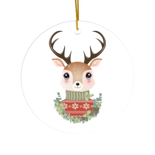 cute deer with sweater and Christmas wreath Ceramic Ornaments