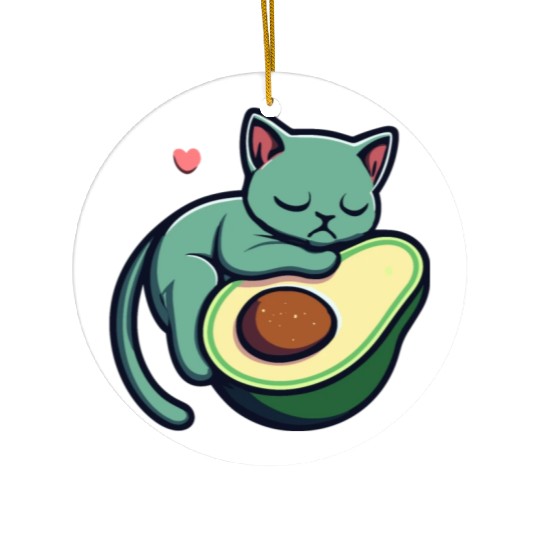 Green Cat Sleeping On An Avocado With Heart Ceramic Ornaments