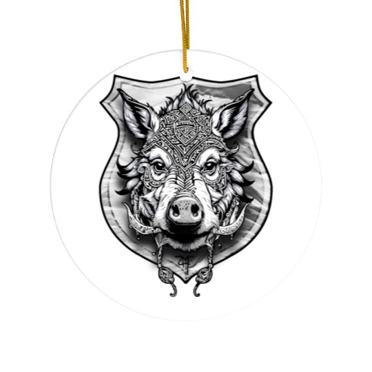 shield with wild boar head - DIGITAL - grayscale Ceramic Ornaments