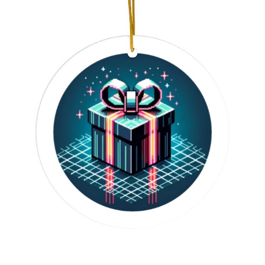 Cyberpunk Pixel Art Gift Box - Neon Ribbons Ceramic Ornaments