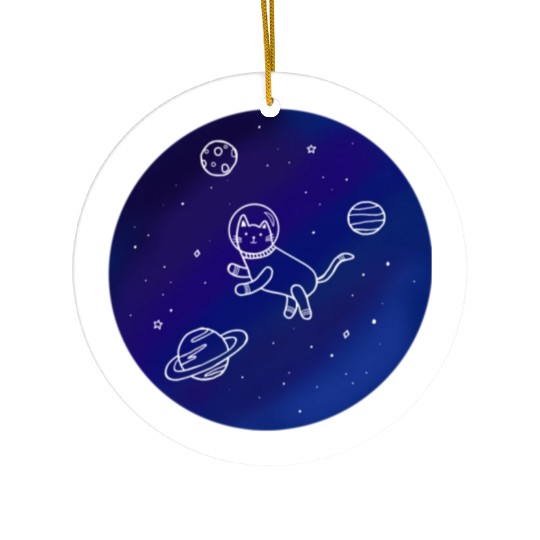 Doodle-Style Hand Drawn Space Cat Ceramic Ornaments