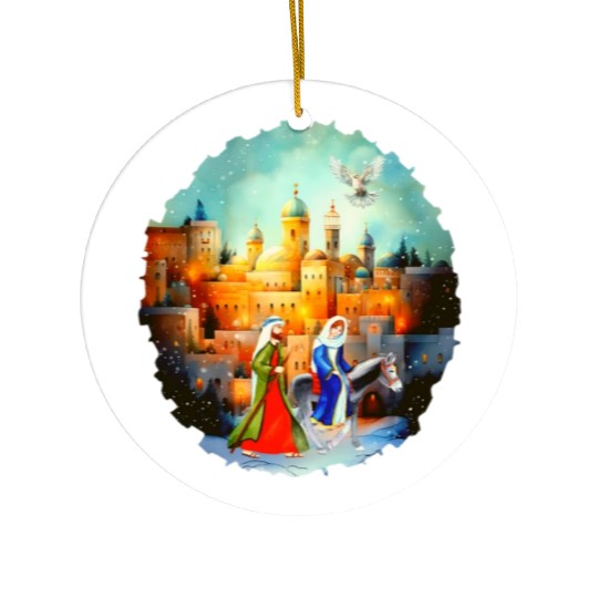 Mary and Joseph in Bethlehem with donkey Ceramic Ornaments