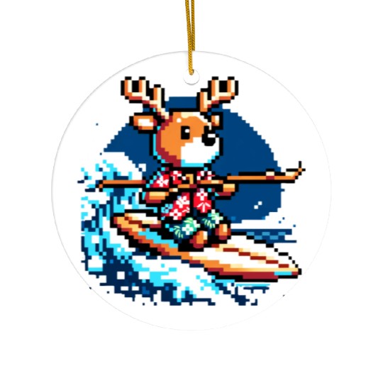 Surfing Reindeer: 8-Bit Holiday Wave Ceramic Ornaments