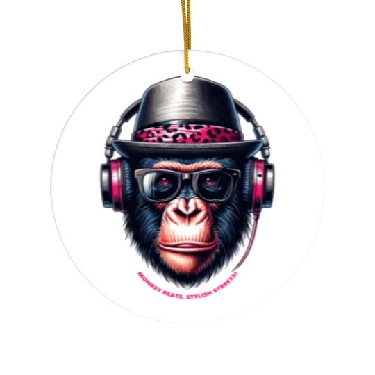 Cartoon Monkey With Headphones, Glasses And Hat Ceramic Ornaments