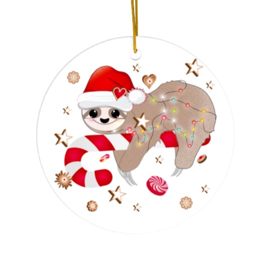 funny sloth with candy cane for Christmas Ceramic Ornaments