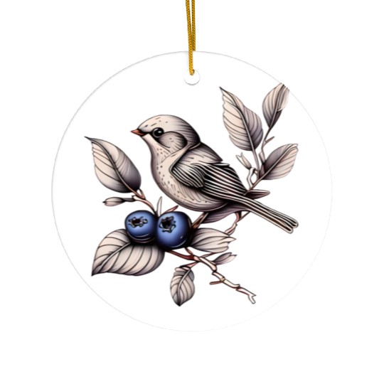 Bird on a Blueberry Branch Ceramic Ornaments