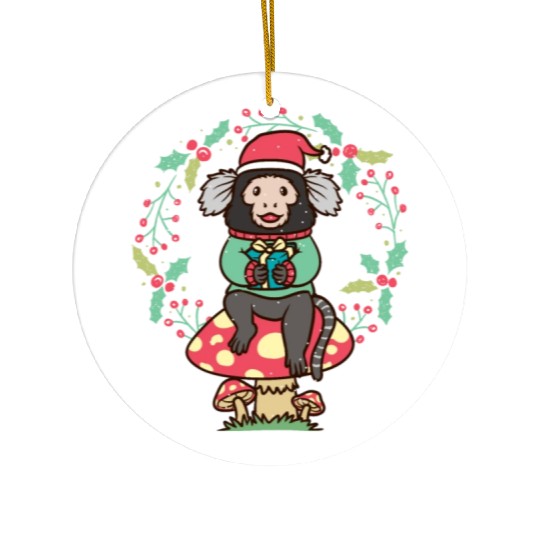 Marmoset Monkey On Mushroom Christmas Wreath Ceramic Ornaments
