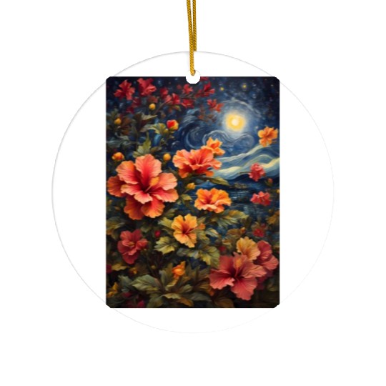 Colorful Hibiscus Under Starry Night Sky Ceramic Ornaments