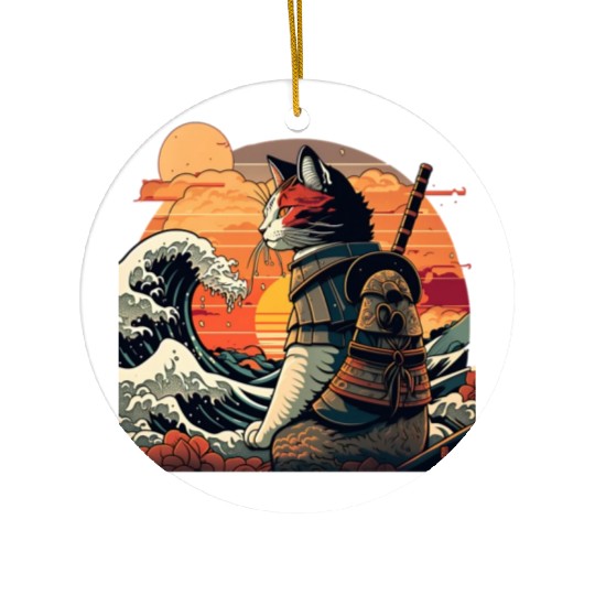 Samurai Cat vs The Great Wave Ceramic Ornaments