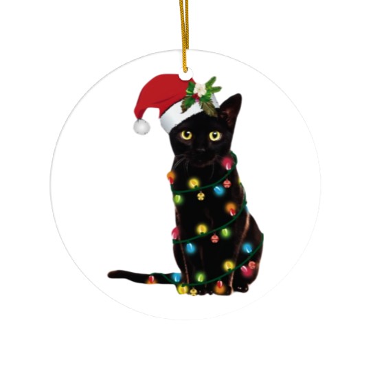 Santa Black Cat Tangled Sup In Christmas Ceramic Ornaments