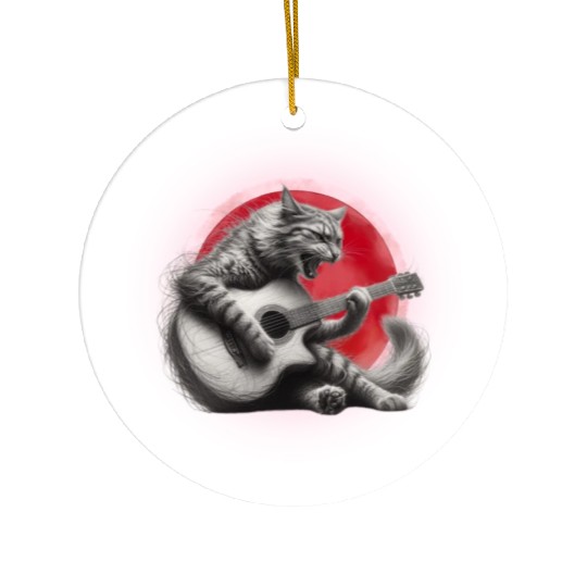 Rock Cat Playing Guitar Ceramic Ornaments under the red moon