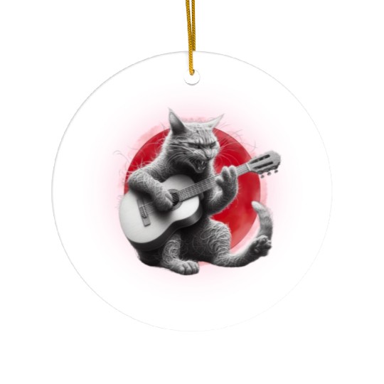 Rock Cat Playing Guitar Ceramic Ornaments under the red moon