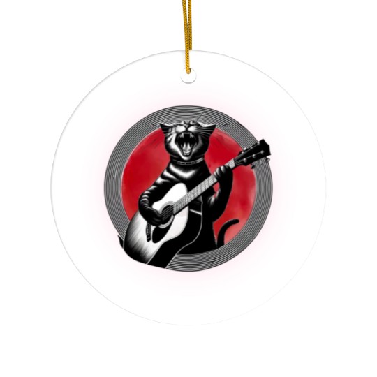 Rock Cat Playing Guitar Ceramic Ornaments under the red moon