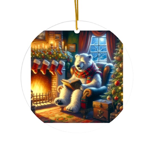 Winter Tales-Merry Cozy Bear Reading by Fireplace Ceramic Ornaments