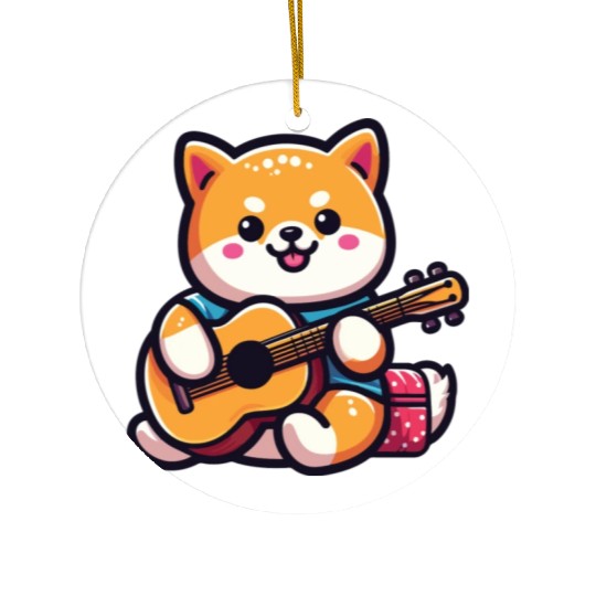 Cute Shiba Inu Playing Guitar Geek Cartoon Ceramic Ornaments