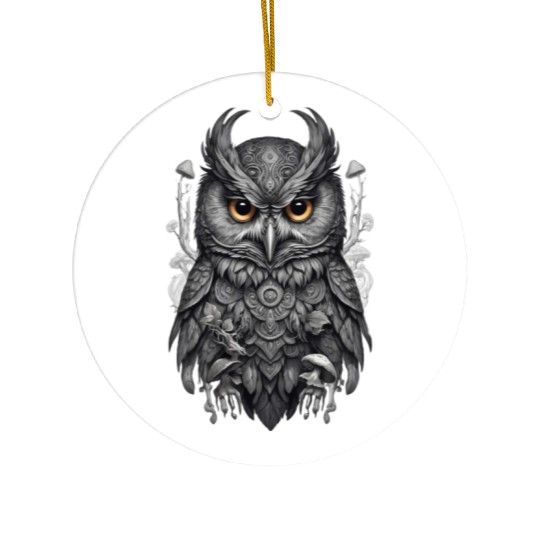 mythic black and white mandala owl Ceramic Ornaments