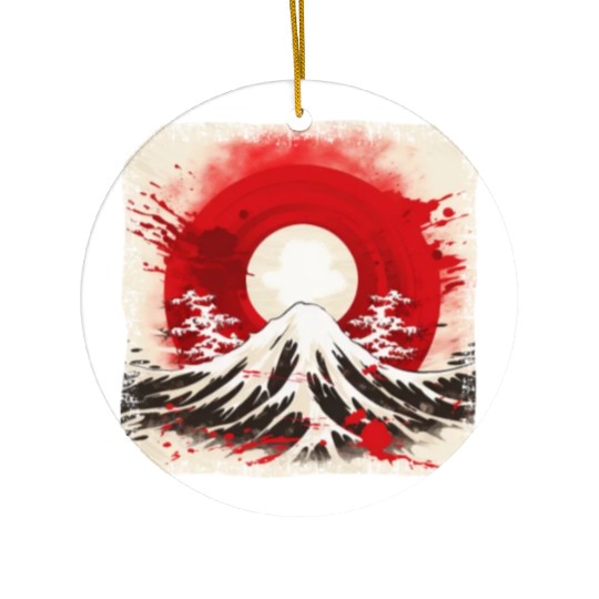 Kyoto Mountains: Flag, Volcano, and Blood Moon Ceramic Ornaments