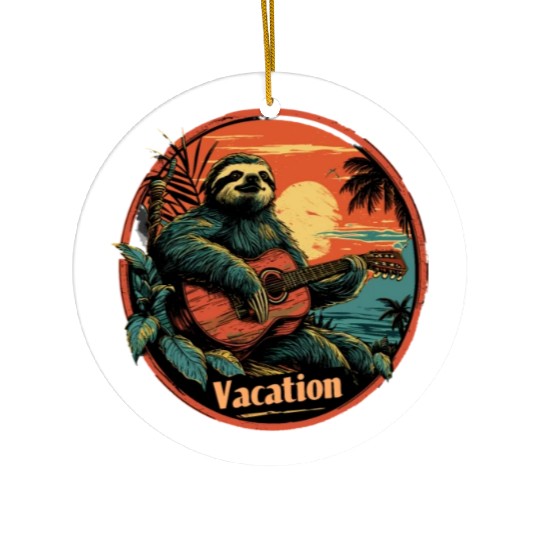 Tropical Sloth Guitar Vacation Sunset Beach Ceramic Ornaments