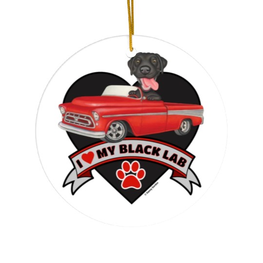Cute black lab in classic truck inside a heart Ceramic Ornaments