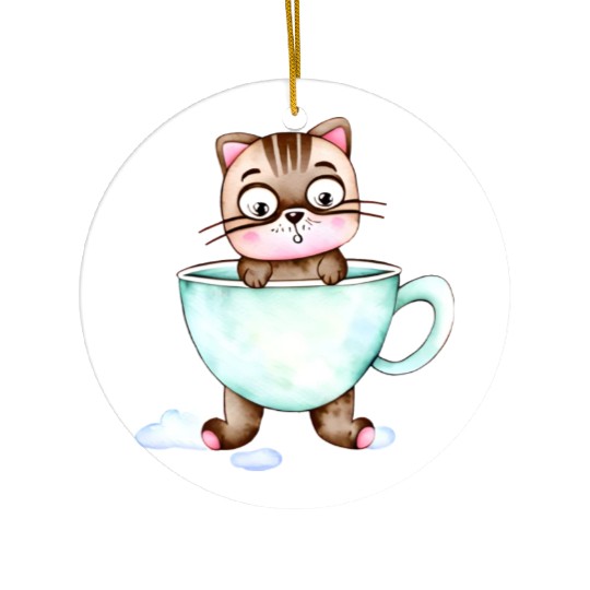 Surprised Silly Cat Wearing Coffee Cup Ceramic Ornaments