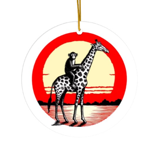 Sunset Safari: Monkey Riding Giraffe Ceramic Ornaments