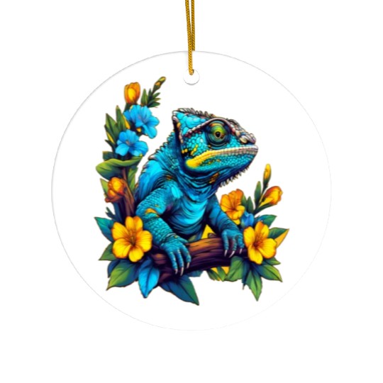 Chameleon Sitting on Branch Surrounded by Flowers Ceramic Ornaments
