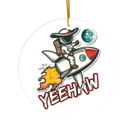 Space Cowboy Riding a Rocket with Yeehaw Slogan Ceramic Ornaments