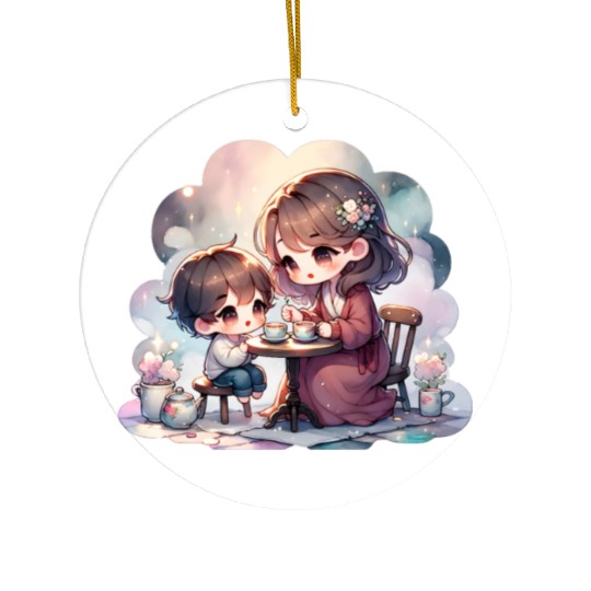 Mother and Son Enjoying a Cozy Tea Party Ceramic Ornaments
