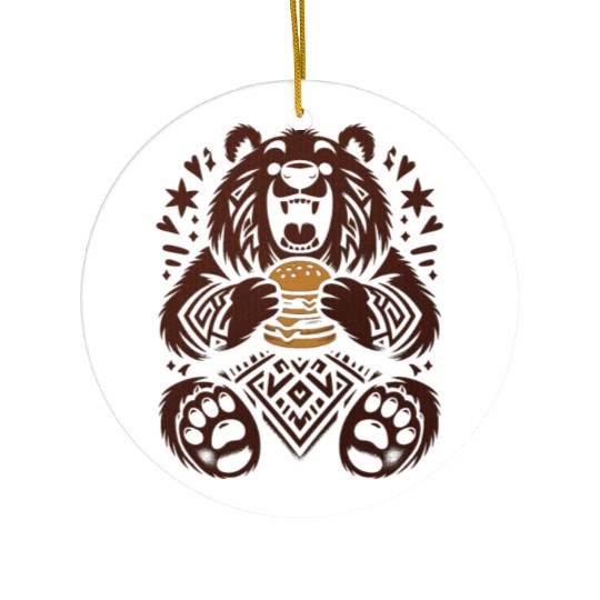 Cute Grizzly with Hamburger, Brown Ceramic Ornaments