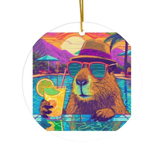 Capybara on vacation sipping on Lemonade Ceramic Ornaments