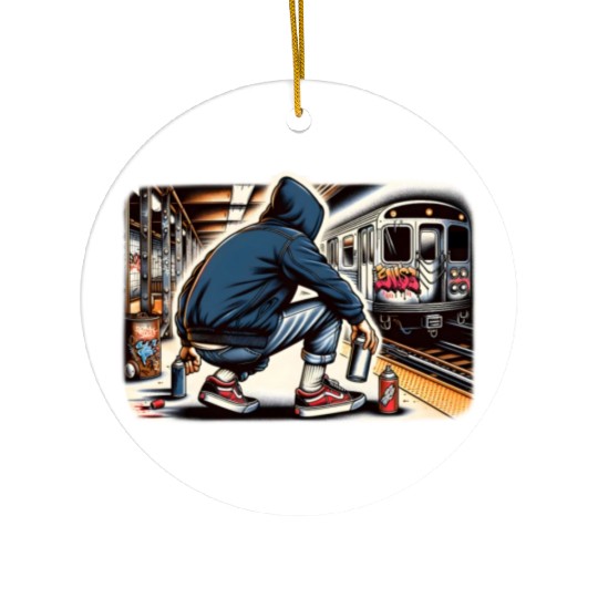 AI Teen in Subway Layup Underground- Masked Border Ceramic Ornaments