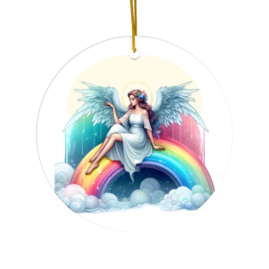 Angel on rainbow Ceramic Ornaments