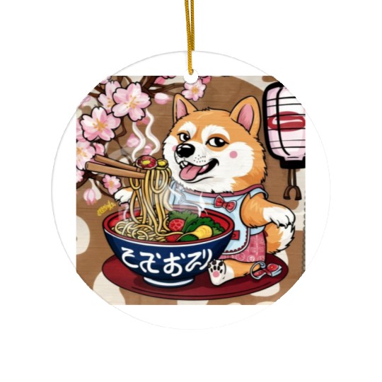 Shibas Inu Eating Ramen Noodles Kawaii Ceramic Ornaments