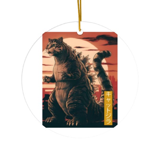 Funny Cute Cat Art Japanese Sunset Retro Catzilla Ceramic Ornaments