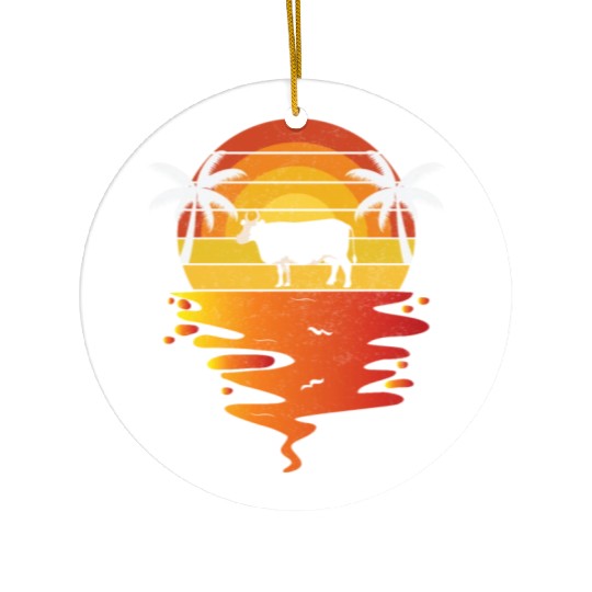Sunset Cow and Palm Tree Scene Ceramic Ornaments