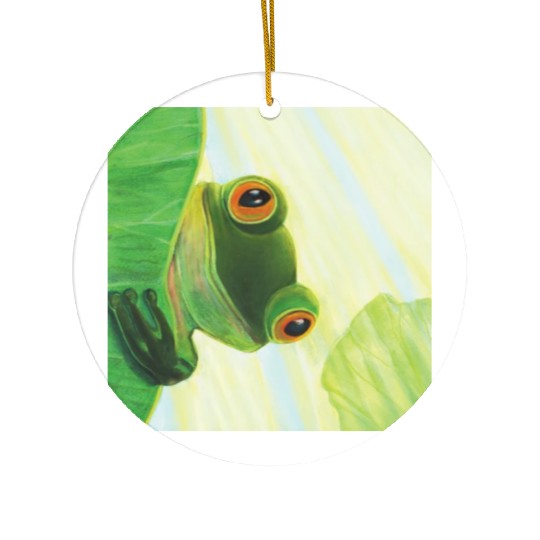 Cute Green Frog Peeping out From Behind Lily Pad Ceramic Ornaments